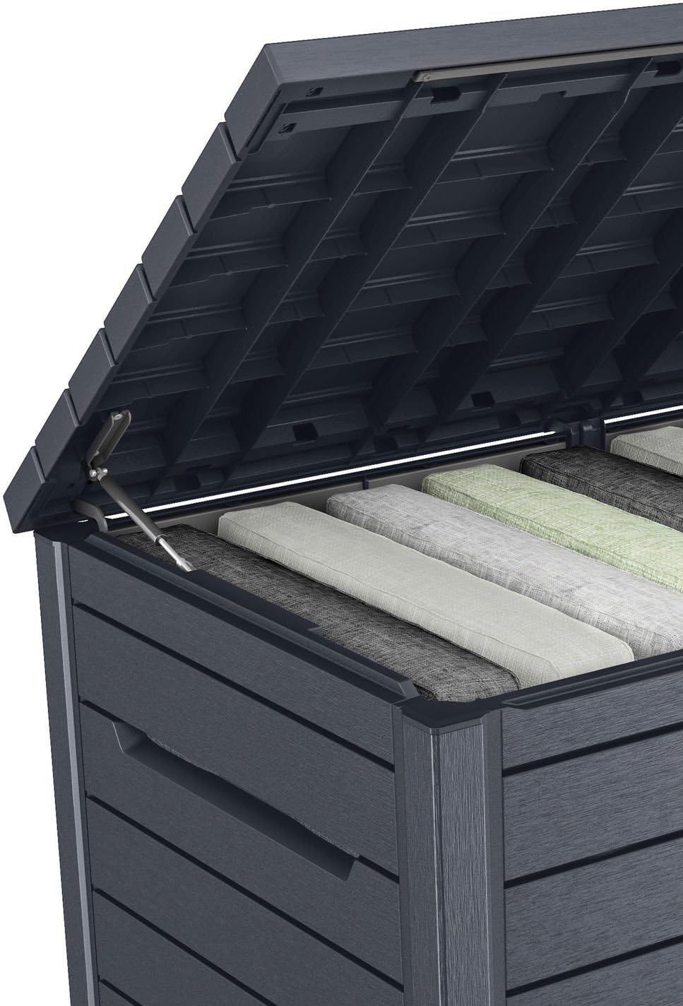 Koll Living Caja para cojines/Arcón exterior Goliath XXL 870 litros Color: Grafito | 100% impermeable | con ventilación para evitar malos olores y moho | aspecto de madera moderno | tapa resistente hasta 50 kg