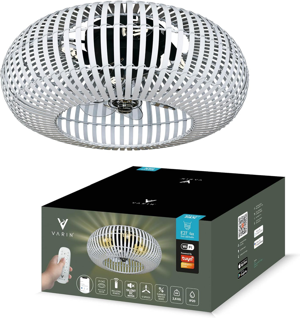 Ventilador de techo inteligente Varin® con luz, Wi-Fi Tuya, Ø 50 cm, lámpara de techo con ventilador, ventilador con luz de techo con 4 casquillos E27 (sin bombillas), mando a distancia, bambú blanco