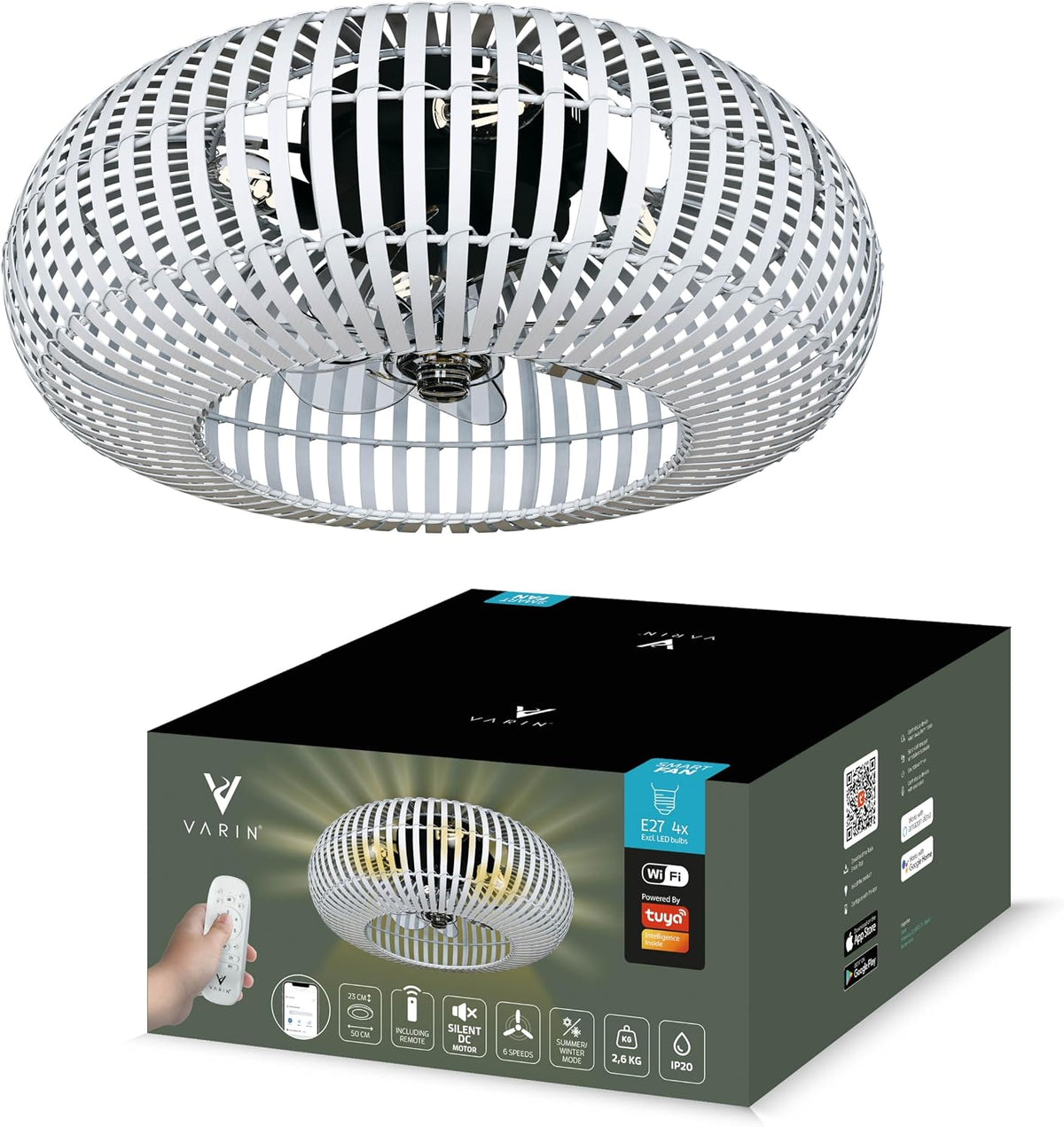 Ventilador de techo inteligente Varin® con luz, Wi-Fi Tuya, Ø 50 cm, lámpara de techo con ventilador, ventilador con luz de techo con 4 casquillos E27 (sin bombillas), mando a distancia, bambú blanco
