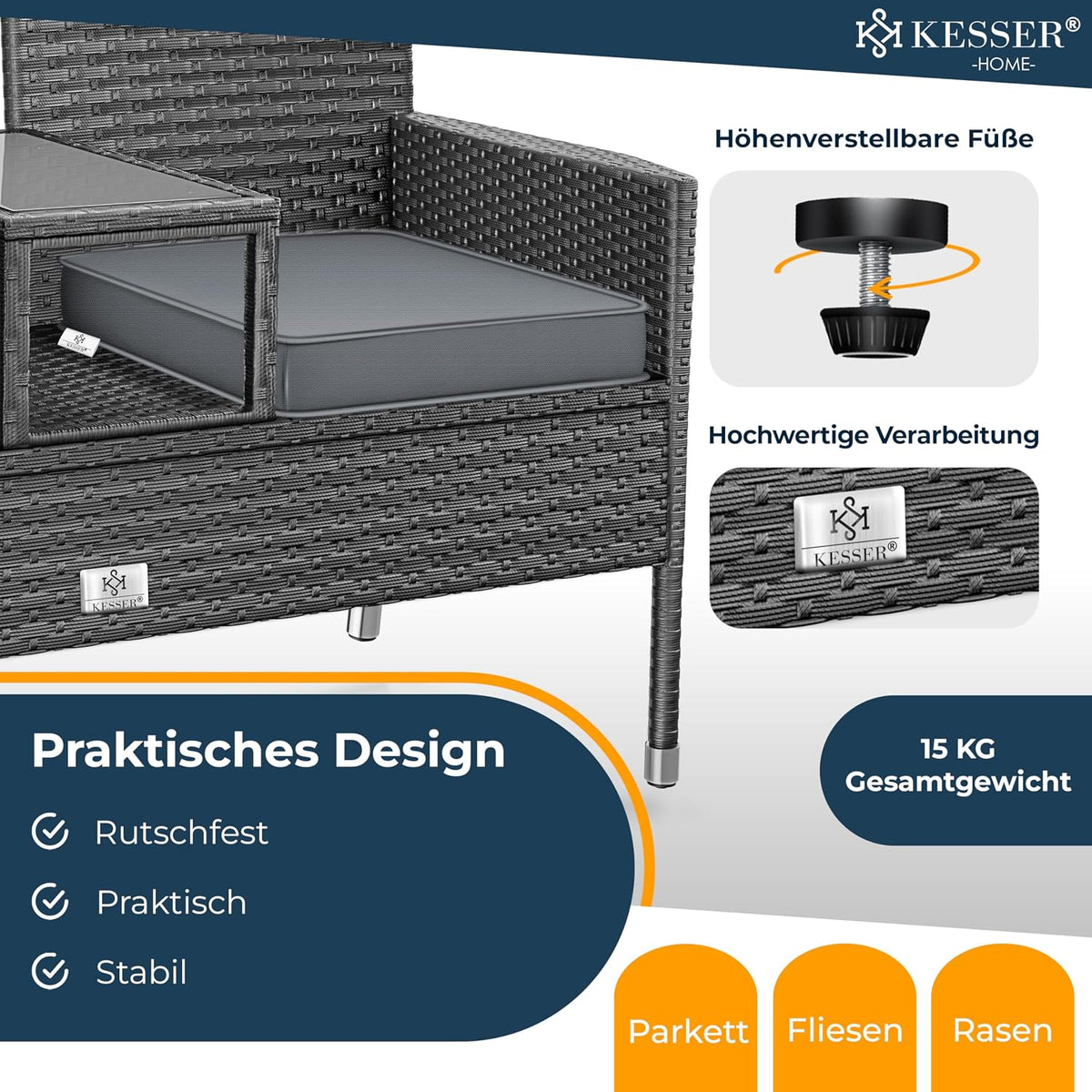 Banco de jardín KESSER® de ratán sintético con mesa, 2 plazas, 143x63x88cm, banco de jardín resistente a la intemperie, banco de exterior, banco de balcón con estante, mueble de jardín de ratán para jardín y balcón + cojines y funda, antracita