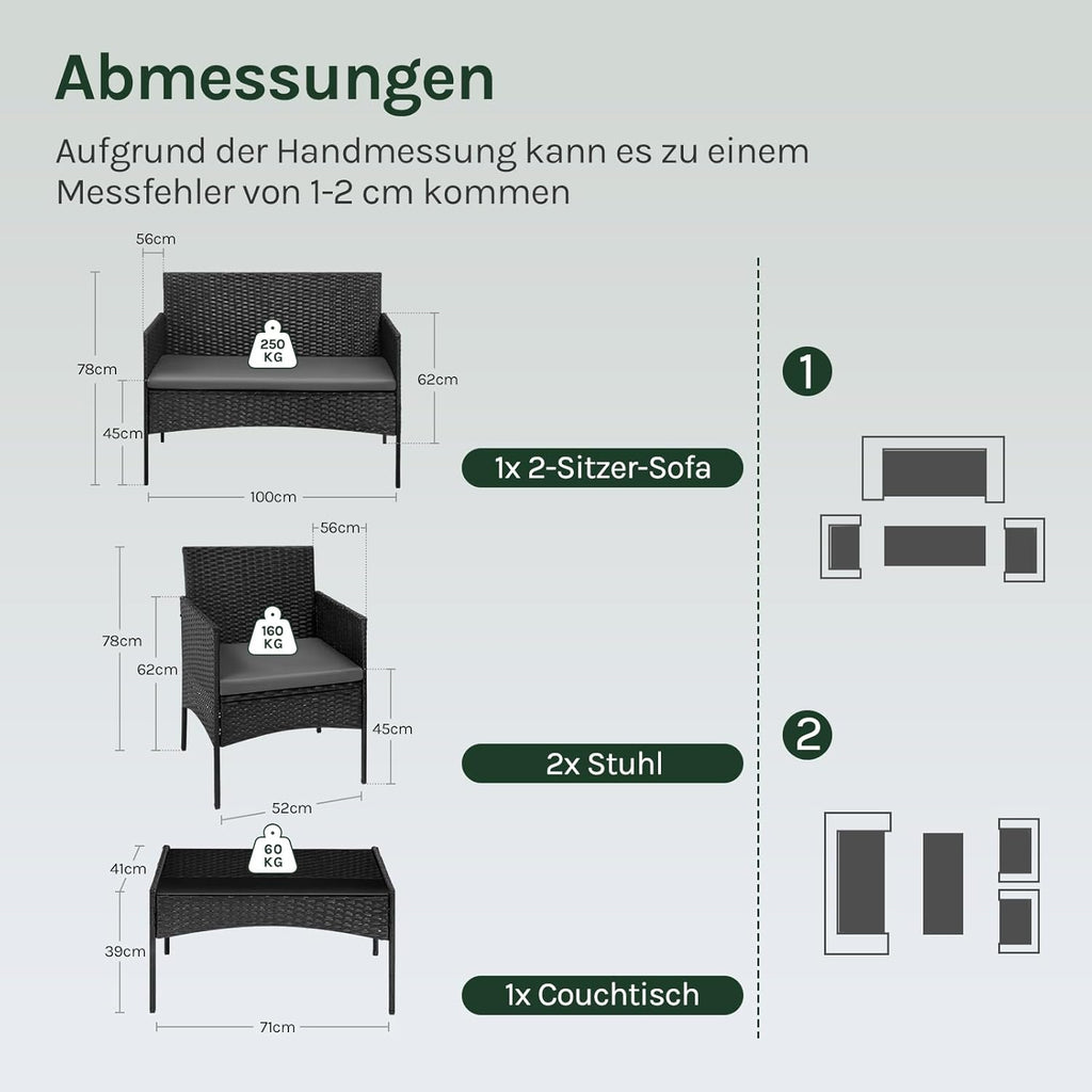 WOLTU Gartenmöbel 4-teilig Set mit 1 Sofa, 2 Sessel, 1 Couchtisch und Kissen Lounge-Möbel Outdoor 2-Sitzer-Bank mit Glas Gartentisch Terrassenmöbel Wetterfest für Garten, Terrassen, Balkon, Schwarz