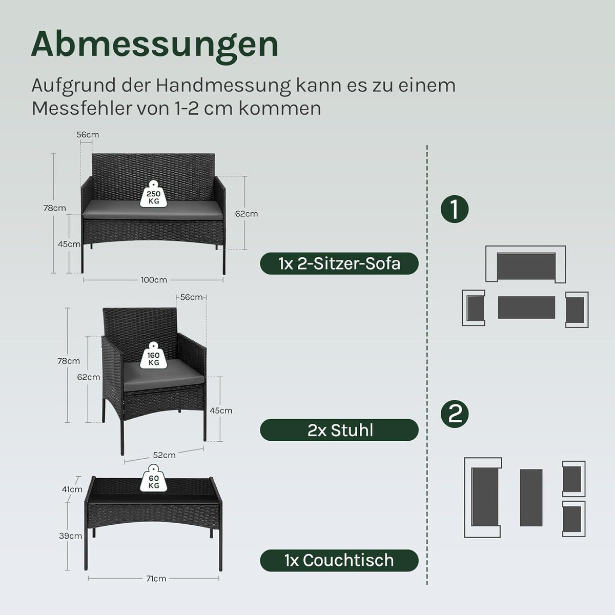 WOLTU Gartenmöbel 4-teilig Set mit 1 Sofa, 2 Sessel, 1 Couchtisch und Kissen Lounge-Möbel Outdoor 2-Sitzer-Bank mit Glas Gartentisch Terrassenmöbel Wetterfest für Garten, Terrassen, Balkon, Schwarz