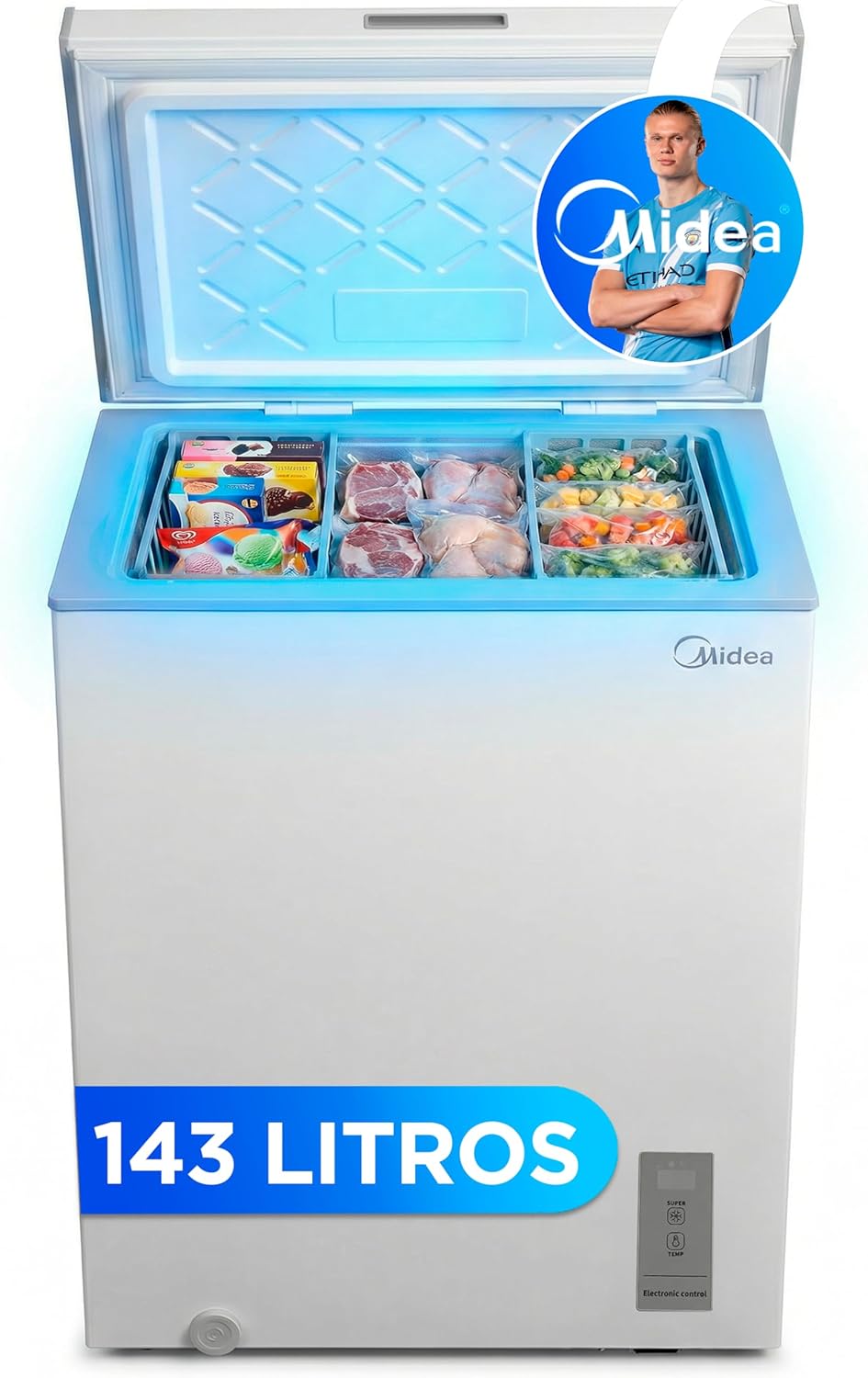 Congelador horizontal MIDEA, 143 l, convertible en frigorífico con motor inverter, control electrónico de temperatura, cestas con asa, silencioso, 37 dB, ahorro de energía