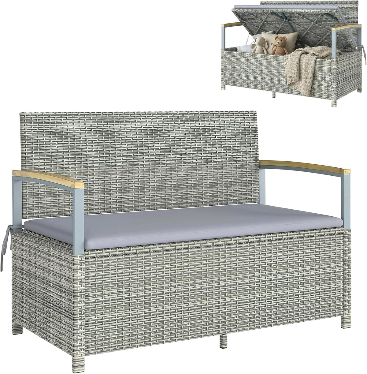 Banco de jardín Outsunny de polirratán, 170 L, banco de 2 plazas con almacenamiento, cojines extraíbles, forro interior con cremallera, reposabrazos de madera de acacia, banco arcón resistente a la intemperie para herramientas, cojín de asiento gris claro