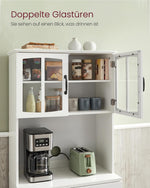 VASAGLE Armario de cocina, armario multiusos, armario de despensa, con estantes ajustables, apto para microondas, cajón, puertas de cristal, orificio para cables, estilo moderno, blanco LSC361W21