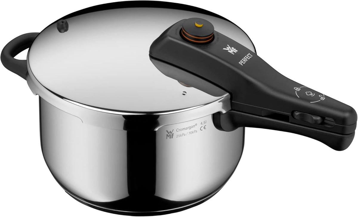 Juego de olla a presión WMF Perfect One Pot para inducción, 2 piezas, ollas a presión de 4,5 l y 3 l, señal de cocción grande, 2 niveles de cocción, mango de tapa extraíble, apto para todo tipo de cocinas, acero inoxidable