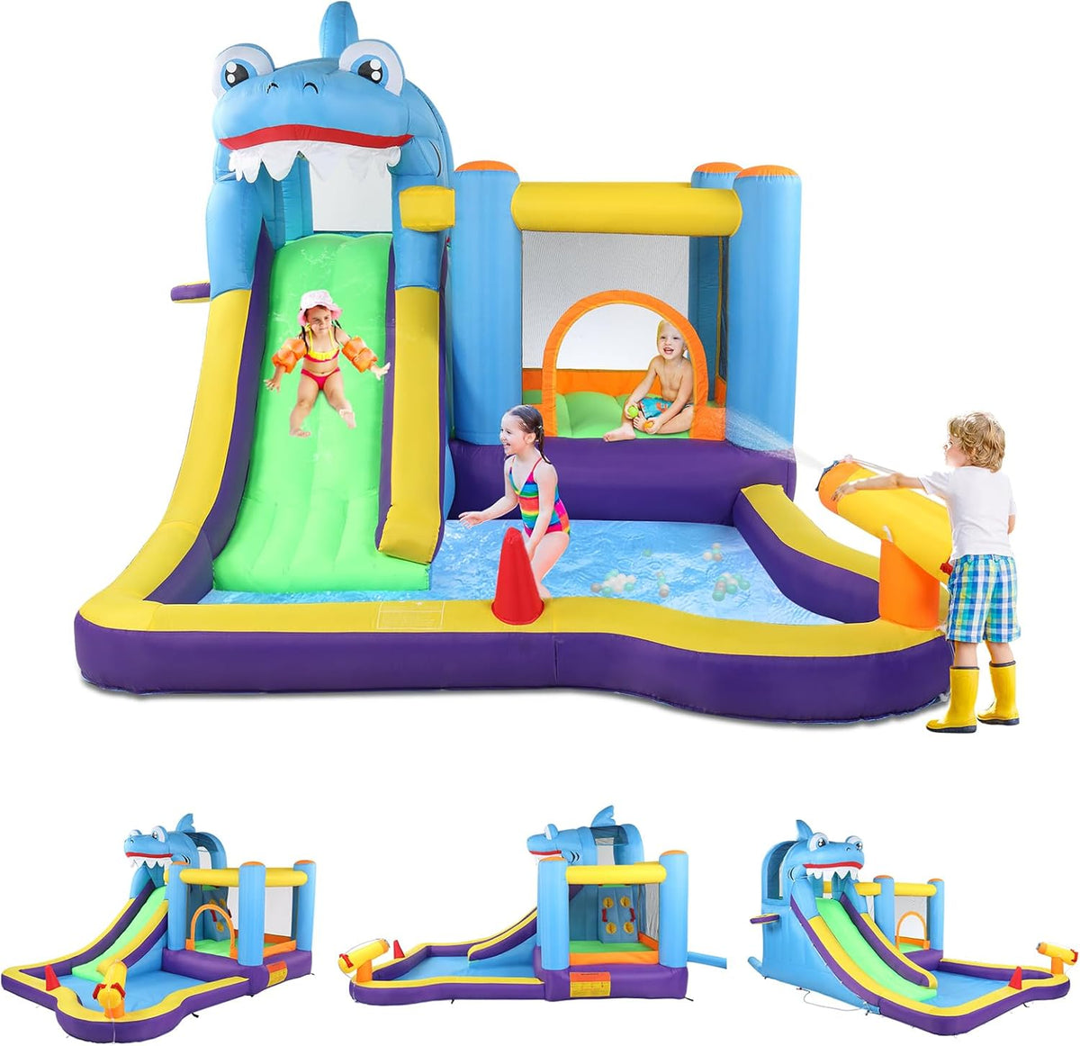 LEADZM Castillo hinchable con soplador, parque acuático inflable con temática de tiburón, con trampolín, tobogán, piscina, pistola de agua, adecuado para 3 niños de 3 a 10 años, 380x260x240 cm