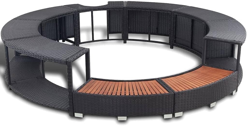 Borde KOIECETA con almacenamiento para jacuzzi spa piscina, borde de piscina de poliratán negro, madera dura, redondo, acero con recubrimiento en polvo (V31009)