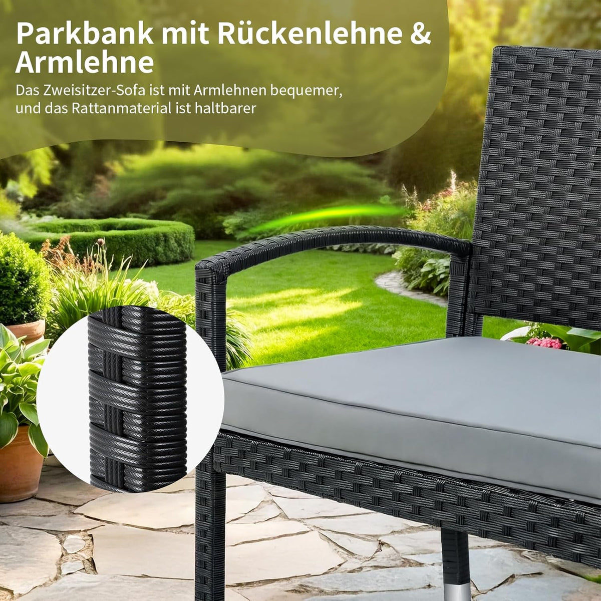 LIFERUN Banco de jardín resistente a la intemperie con cojín, banco de polirratán de 2 plazas, capacidad de carga de 320 kg, cómodo banco de jardín para exterior, 122x60x90 cm, banco de balcón para balcón pequeño, jardín, terraza, negro