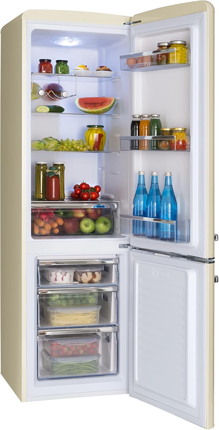 Amica Retro Kühl-Gefrierkombination 244L 181 x 55 x 61,5cm KGCR 387 101 B | 181L Kühlteil 63L Gefrierteil, LED Beleuchtung, Automatische Abtauung, Sicherheitsglas, Chrom-Flaschengitter, Leiser Betrieb