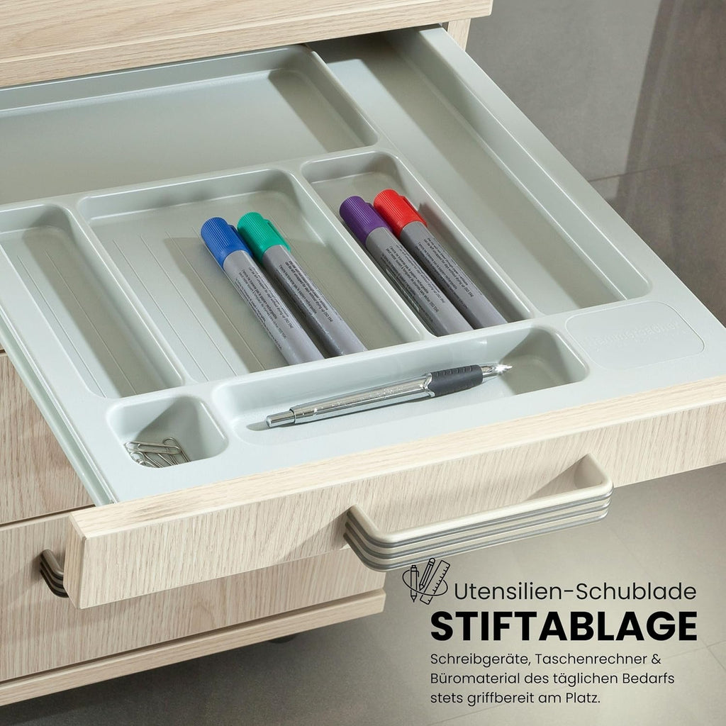 bümö Cajonera móvil con cajones, contenedor con cerradura de madera en haya - Carrito para oficina como mueble bajo de escritorio, cajonera de oficina o contenedor de escritorio con tiradores de barra