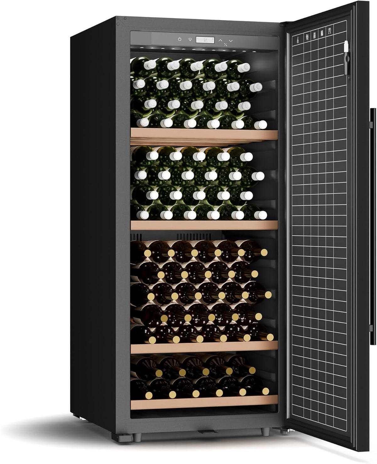Nevera para vinos Klarstein CellarMax de libre instalación - 155 botellas, 5-20 °C, control táctil, puerta de metal, estantes de madera, alarma, clase energética E, vinoteca grande