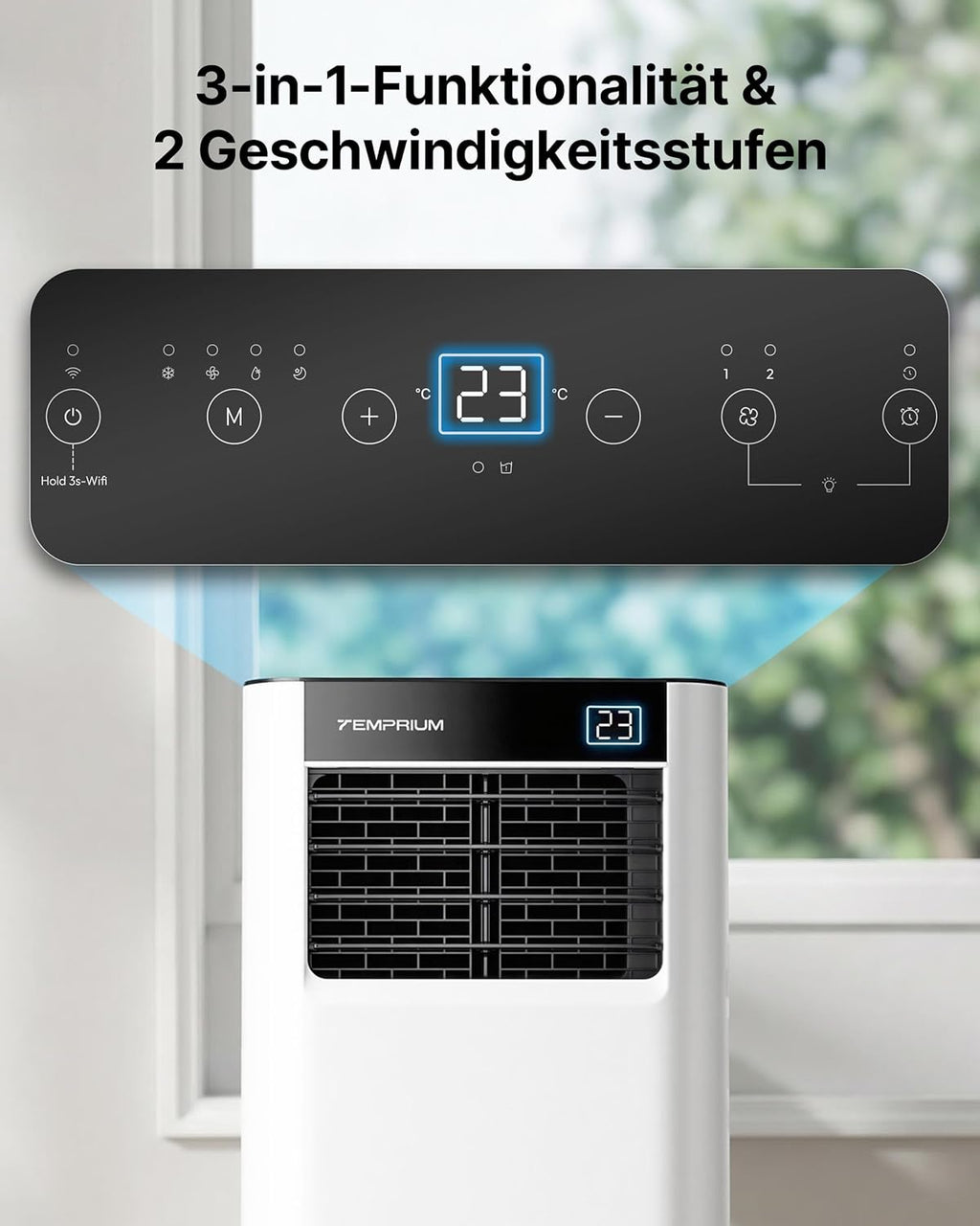 Aire acondicionado portátil 9000 BTU 2,6 kW con tubo de escape | Aire acondicionado móvil 3 en 1 | Sellado de ventanas | Control por APP + mando a distancia | Funcionamiento silencioso | Temporizador 24h | Para habitaciones de hasta 25 m²