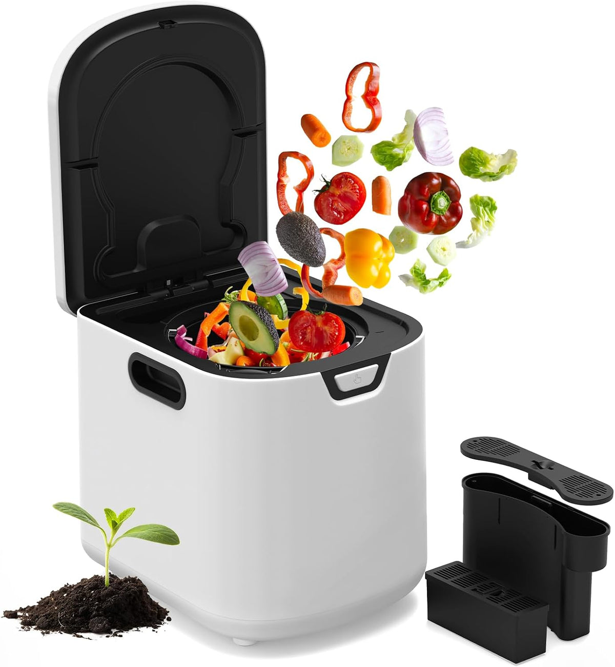 Compostador eléctrico Fullwatt 4.2L, compostador eléctrico inodoro de secado rápido con 2 filtros de carbono, cubo de compostaje y pantalla LED para materia orgánica y restos de comida, autolimpiable