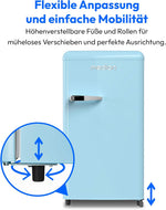 MEDION Retro Kühlschrank (91 Liter, 91cm Höhe (höhenverstellbare Füße), höhenverstellbare Glasablagen, transparente Gemüseschublade, freistehend, Türanschlag rechts, Metall Türgriff, MD37800) blau