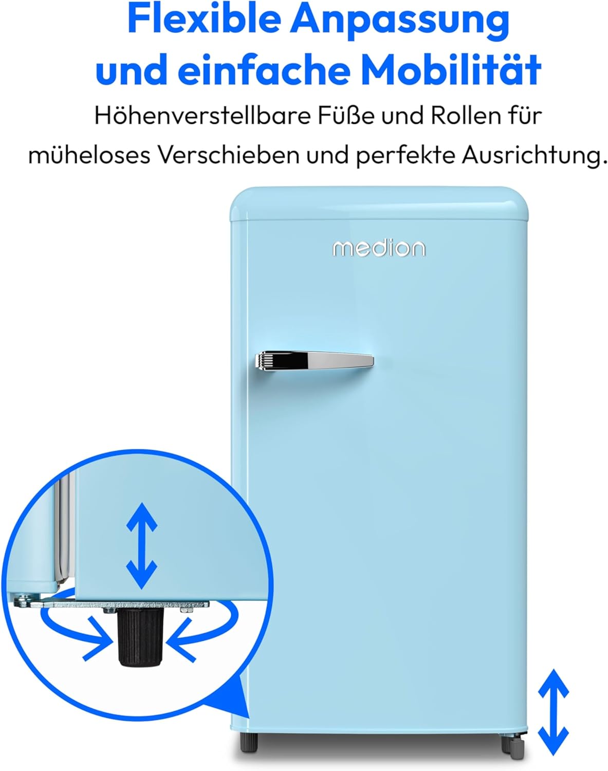 MEDION Retro Kühlschrank (91 Liter, 91cm Höhe (höhenverstellbare Füße), höhenverstellbare Glasablagen, transparente Gemüseschublade, freistehend, Türanschlag rechts, Metall Türgriff, MD37800) blau