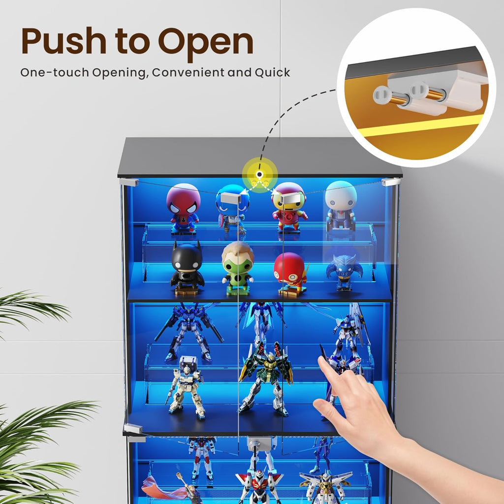 Vitrina Lvifur con iluminación LED y puertas de cristal para coleccionables, vino, 35×70×168 cm, vitrina de cristal de 4 niveles, mueble vitrina con sensores inteligentes para sala de estar y dormitorio, negro
