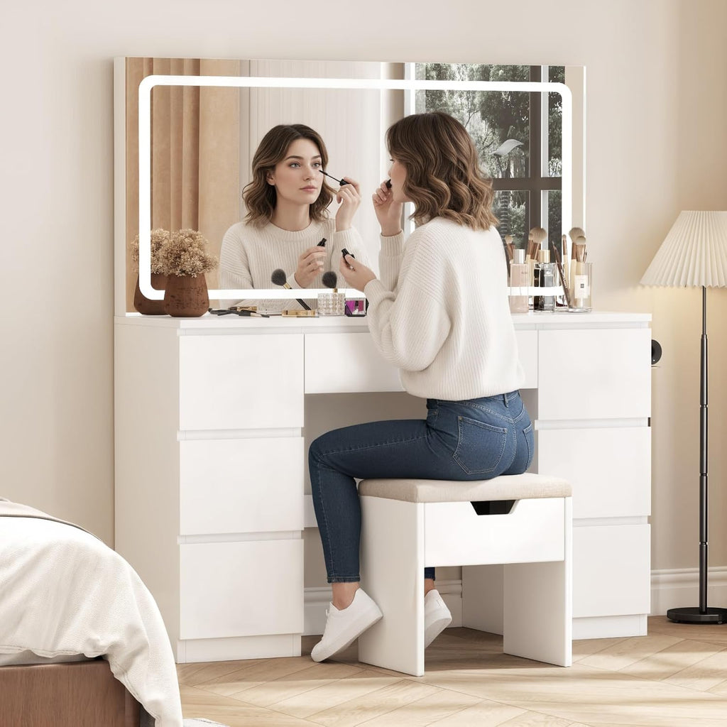 TRIUMPHKEY Schminktisch Groß mit Spiegel und LED Beleuchtung 115cm,Farbtemperatur Einstellbar, 7 Schubladen Schminktisch mit Steckdose Dressing Table mit Hocker,115x40x139cm,Weiß