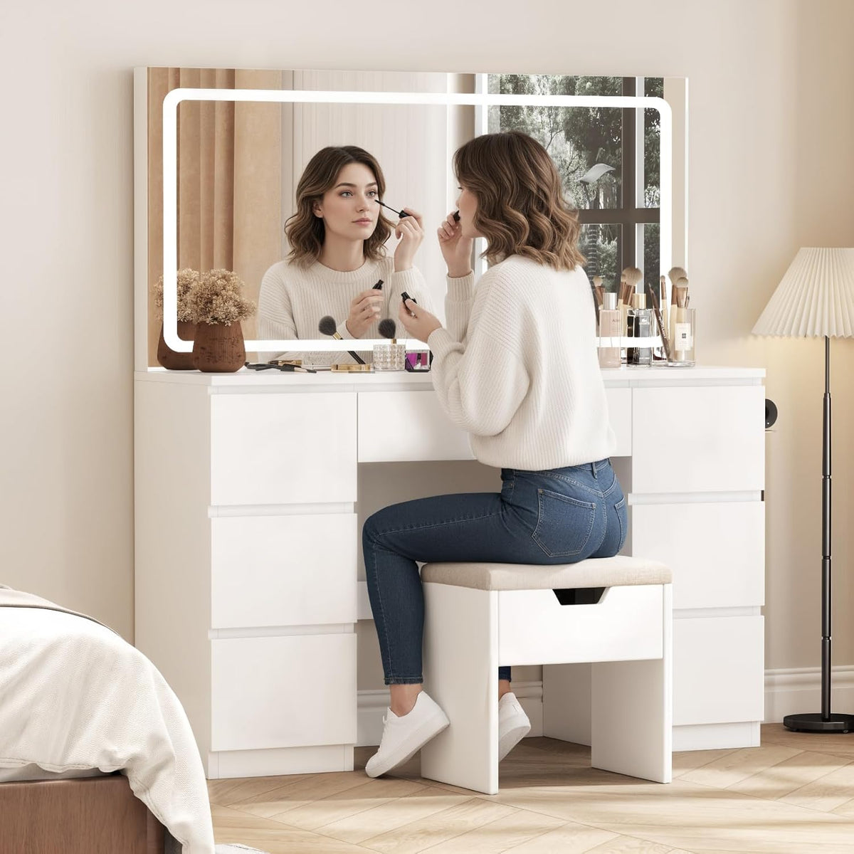TRIUMPHKEY Schminktisch Groß mit Spiegel und LED Beleuchtung 115cm,Farbtemperatur Einstellbar, 7 Schubladen Schminktisch mit Steckdose Dressing Table mit Hocker,115x40x139cm,Weiß