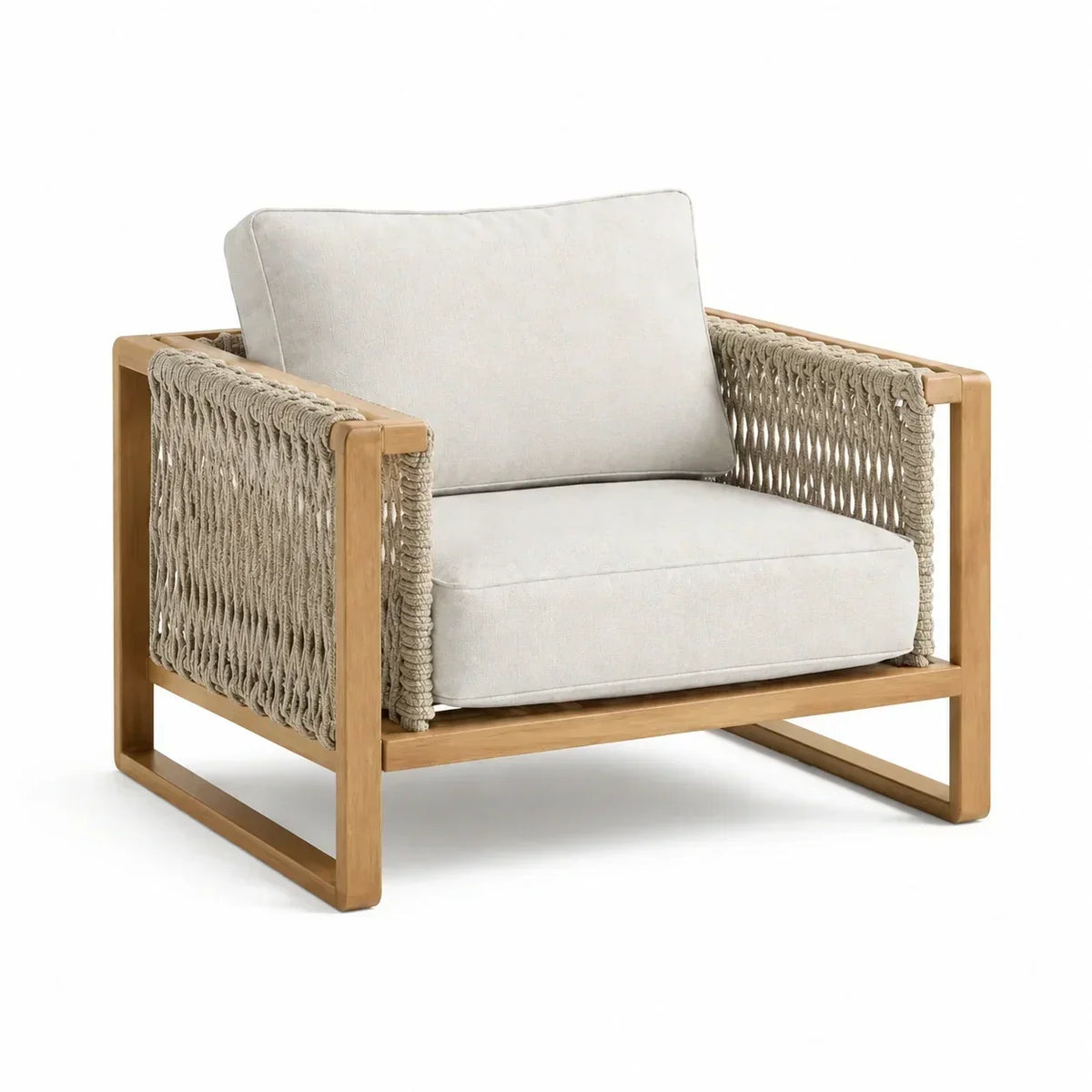 Sillón de madera de teca con trenzado de cuerda de polipropileno en color beige