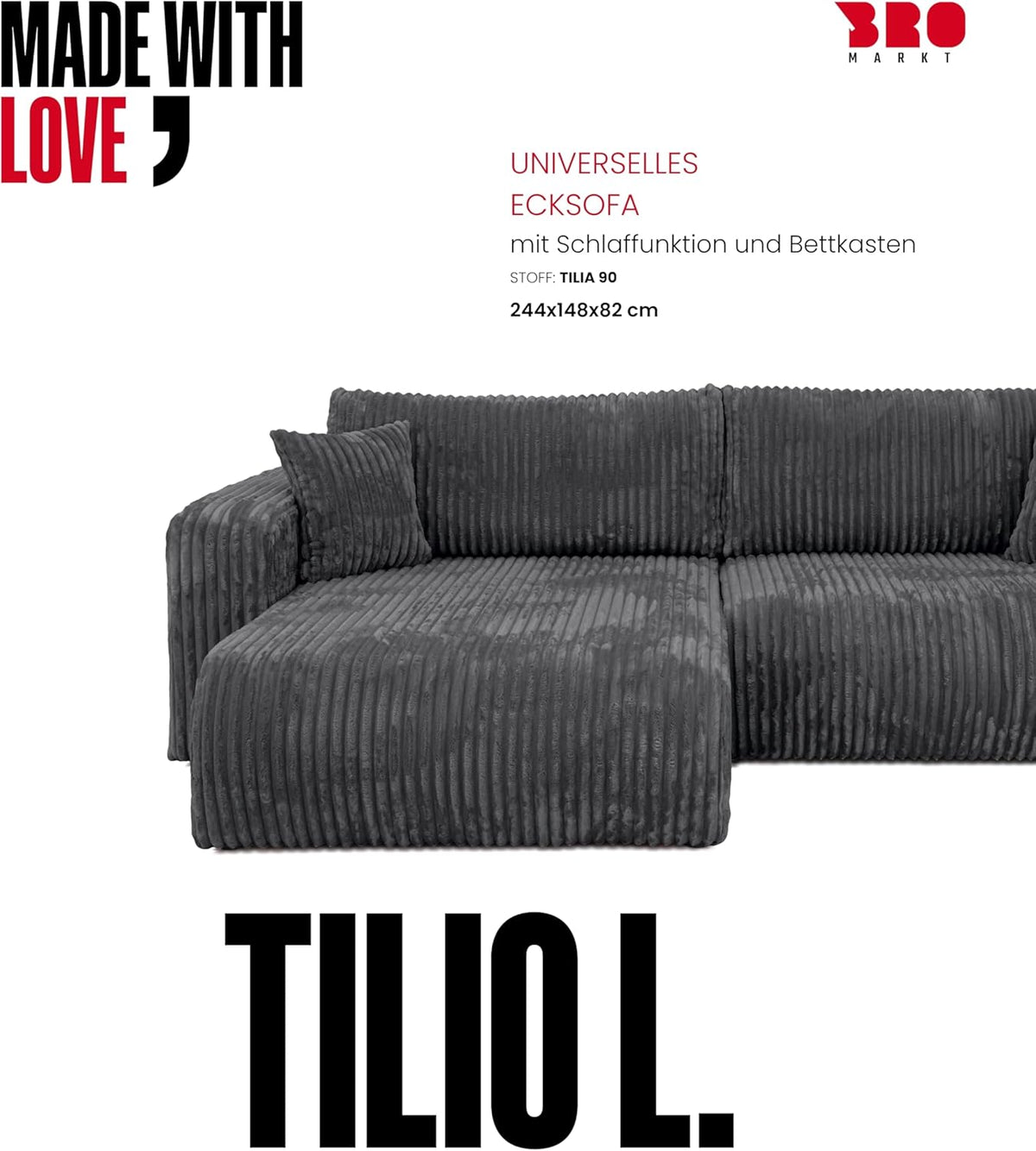 Sofá esquinero BROMARKT con función cama gris oscuro, sofá en forma de L de tela de pana con arcón, sofá cama para salón con espacio de almacenamiento, sofá esquinero de 3 plazas, conjunto de salón 244x148x82 cm TILIO
