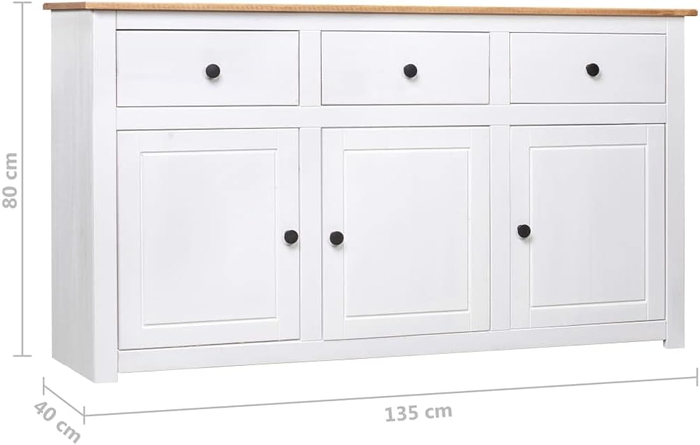 vidaXL Aparador de madera maciza de pino de Panamá con 3 cajones y 3 puertas, cómoda, mueble auxiliar, armario multiusos, alacena, blanco, 135x40x80 cm
