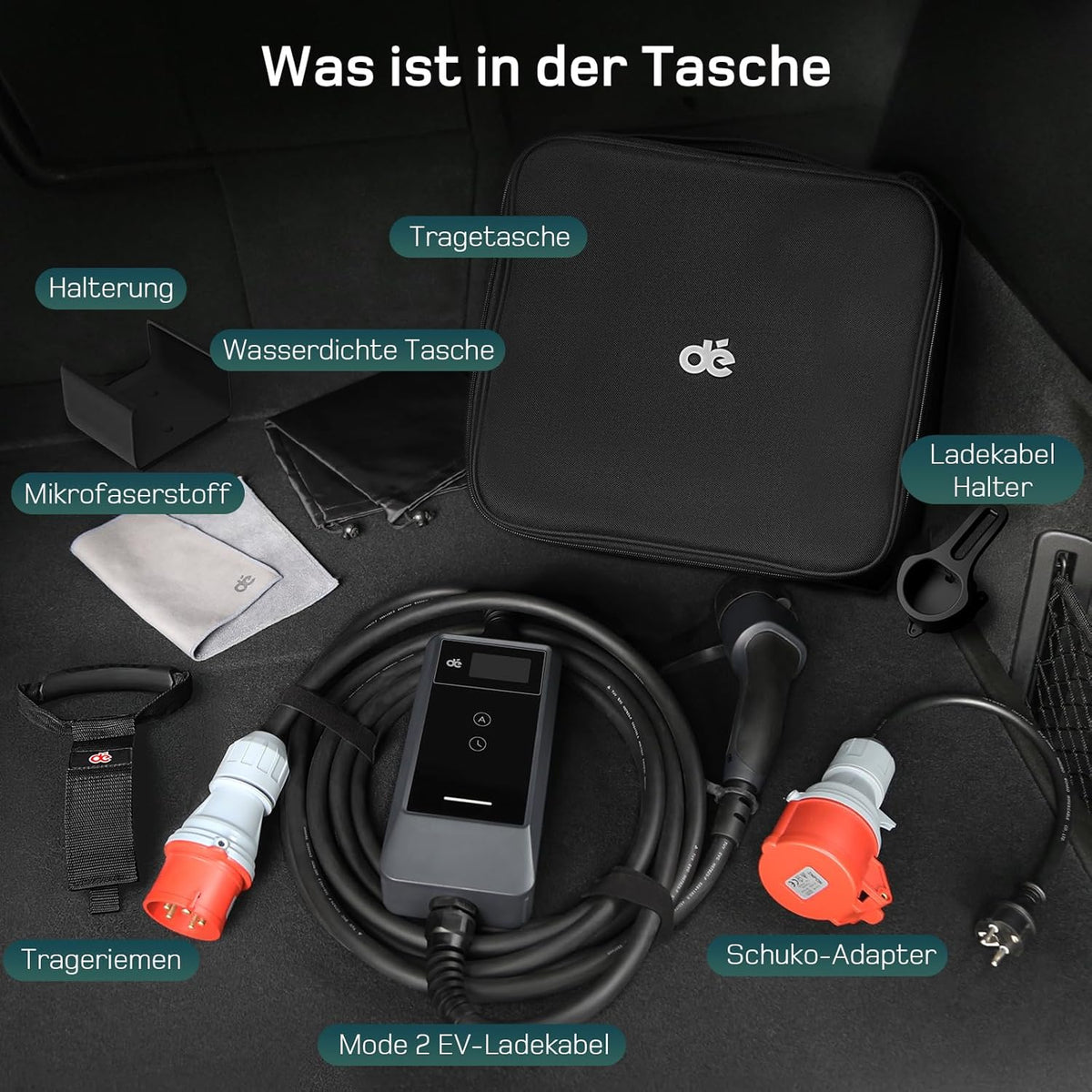 dé Mobile Wallbox/Ladestation 22kW Mit App [3-phasig|7m|6-32A] mit stromzähler, Ladekabel CEE 32A auf Typ 2 und EV Ladegerät für Model Y/3, ID.3/4/5, MG4, EX30, e-up, e-tron und andere EV/PHEV
