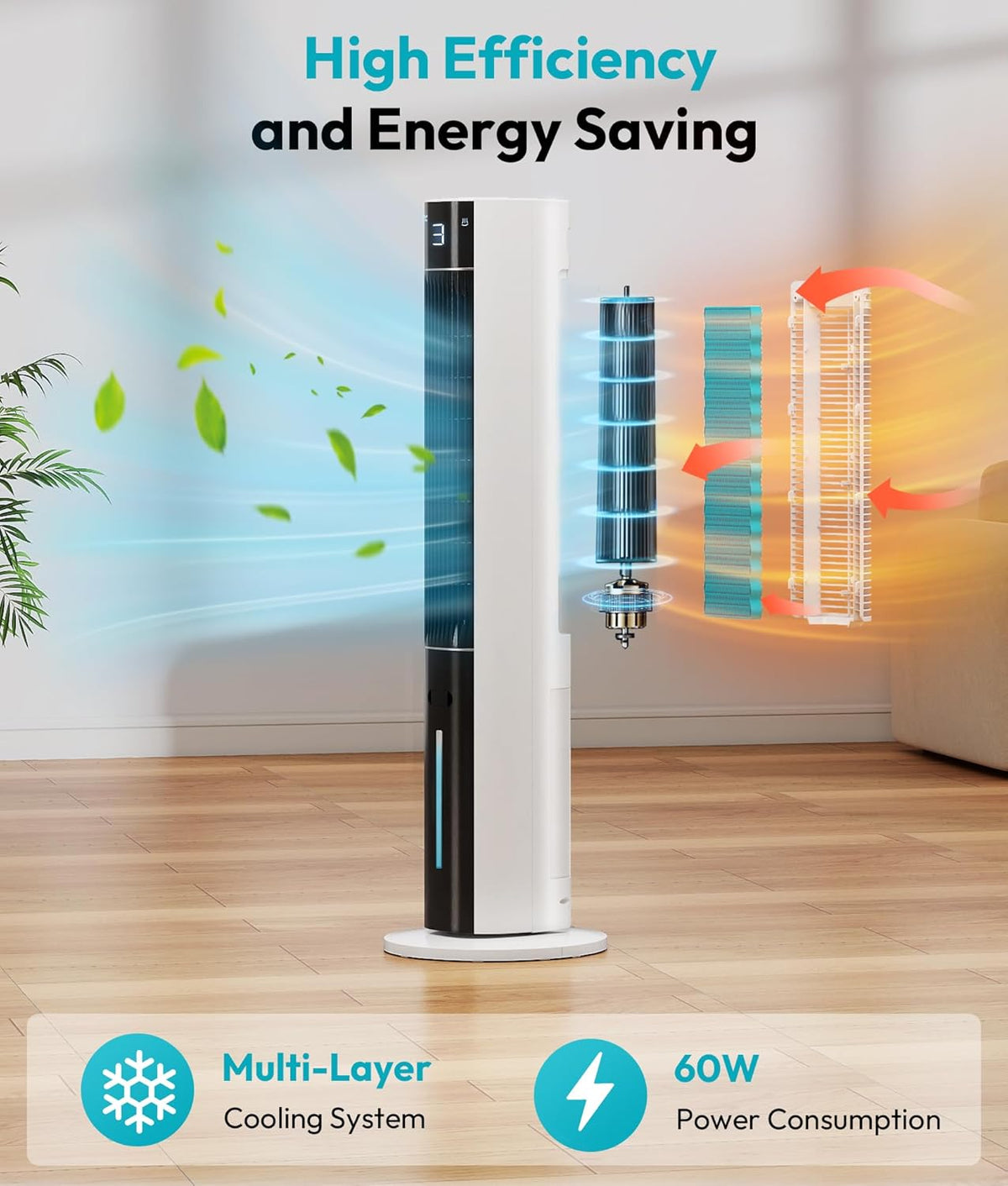 Enfriador de aire por evaporación: enfriador de pantano 3 en 1 con tanque de agua de 3 L, 3 modos y 3 velocidades, control remoto, temporizador de 12 horas, ventilador de torre de enfriamiento portátil sin aspas con oscilación de 50° para habitación