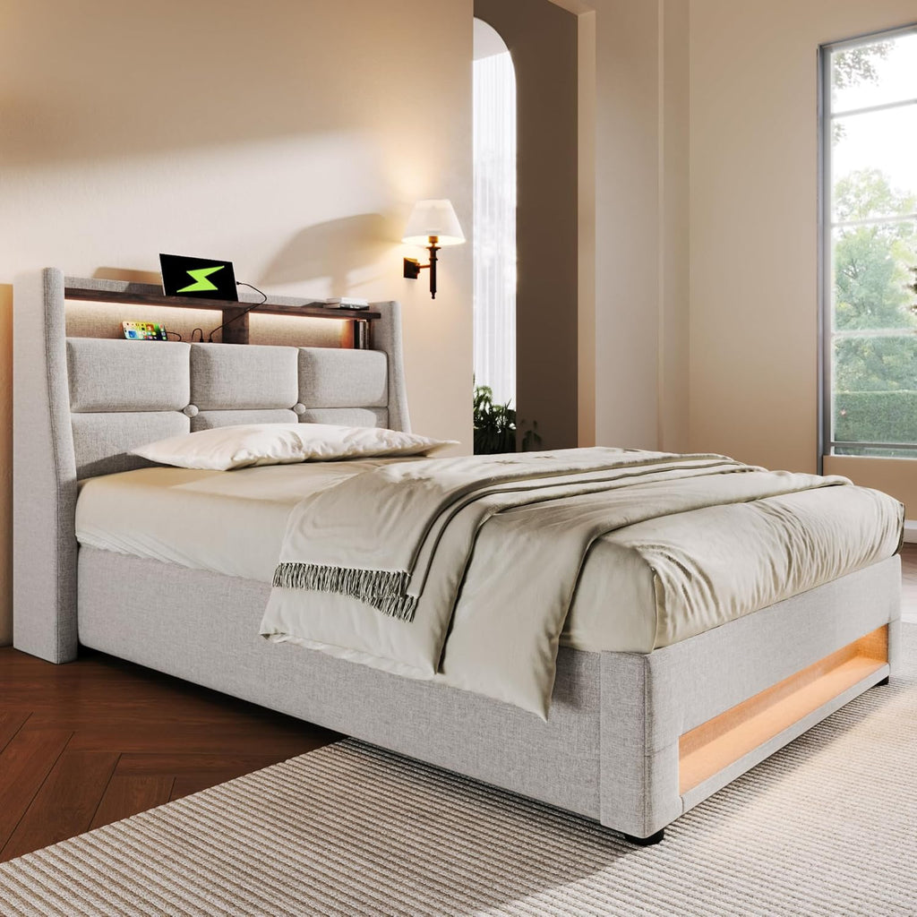 Cama tapizada individual LAKFEW 90x200 cm con cabecero LED USB, cama hidráulica con espacio de almacenamiento, estructura de cama con somier de láminas, cama juvenil, muebles de dormitorio, beige, lino, sin colchón