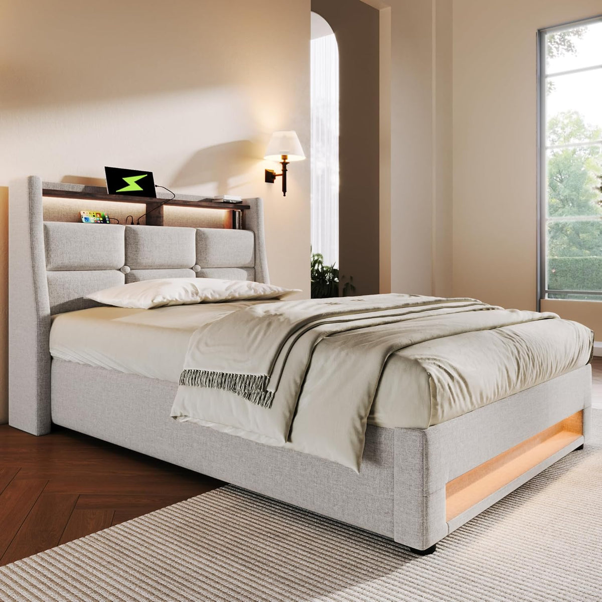 Cama tapizada individual LAKFEW 90x200 cm con cabecero LED USB, cama hidráulica con espacio de almacenamiento, estructura de cama con somier de láminas, cama juvenil, muebles de dormitorio, beige, lino, sin colchón