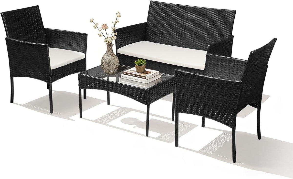 Set de muebles de jardín de ratán sintético para 4 personas, con sofá de 2 plazas, 2 sillas, mesa y cojines, resistente a la intemperie, conjunto de muebles de terraza y balcón en negro para jardín, patio y balcón