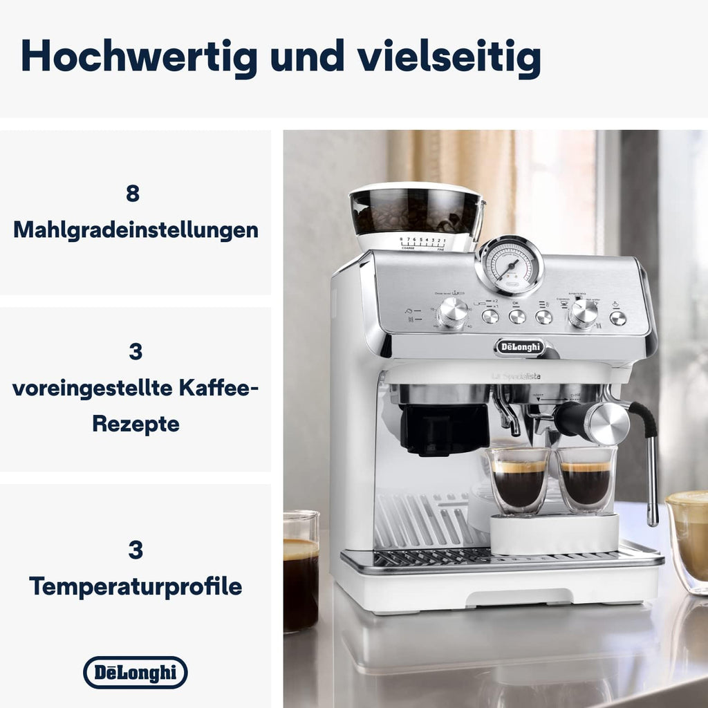 Cafetera espresso De'Longhi La Specialista Arte EC9155.MB con portafiltro y molinillo, 8 niveles de molienda, 15 bares, 3 niveles de temperatura, boquilla para espuma de leche, 1300 W, depósito de 1,5 l, acero inoxidable/negro, incluye kit de barista