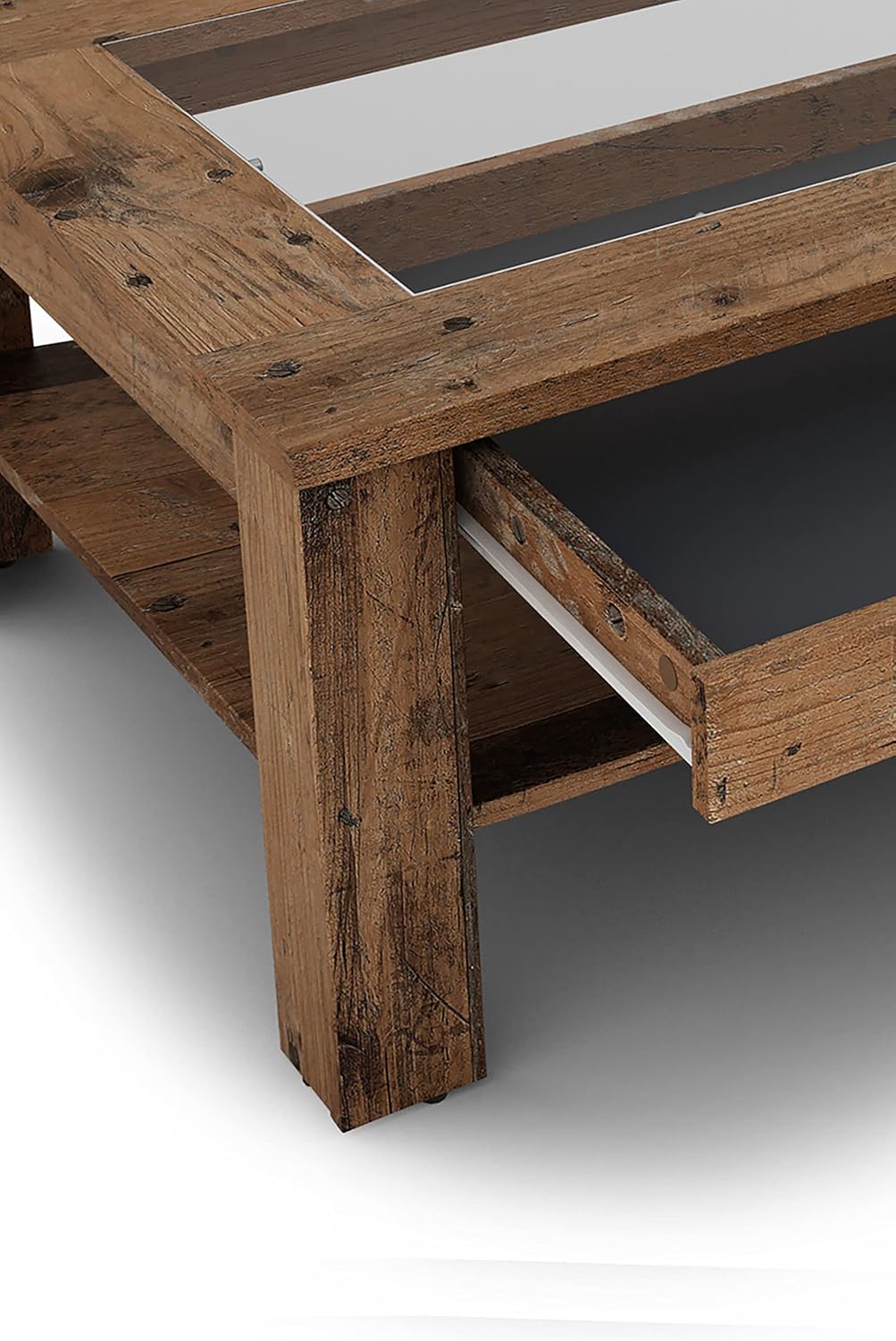 byLIVING Couchtisch Ralph/Eiche-Altholz-Optik dunkel-braun/Sofatisch mit Glaseinlage und großzügiger Schublade in braun/Beistelltisch mit viel Stauraum/B 110, H 43, T 67 cm