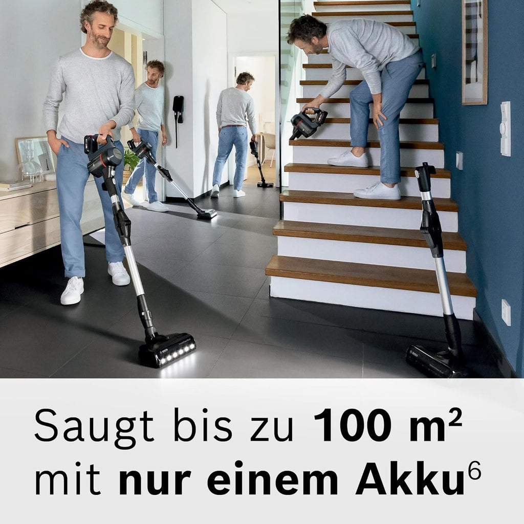 Bosch Akku-Staubsauger Unlimited 7 BCS711A, kabelloser Handstaubsauger, beutellos, Wechselakku, Knickrohr, Hygiene-Filter, 10 Jahre Motorgarantie, Fugendüse, LED-Beleuchtung, Turbostufe, grau