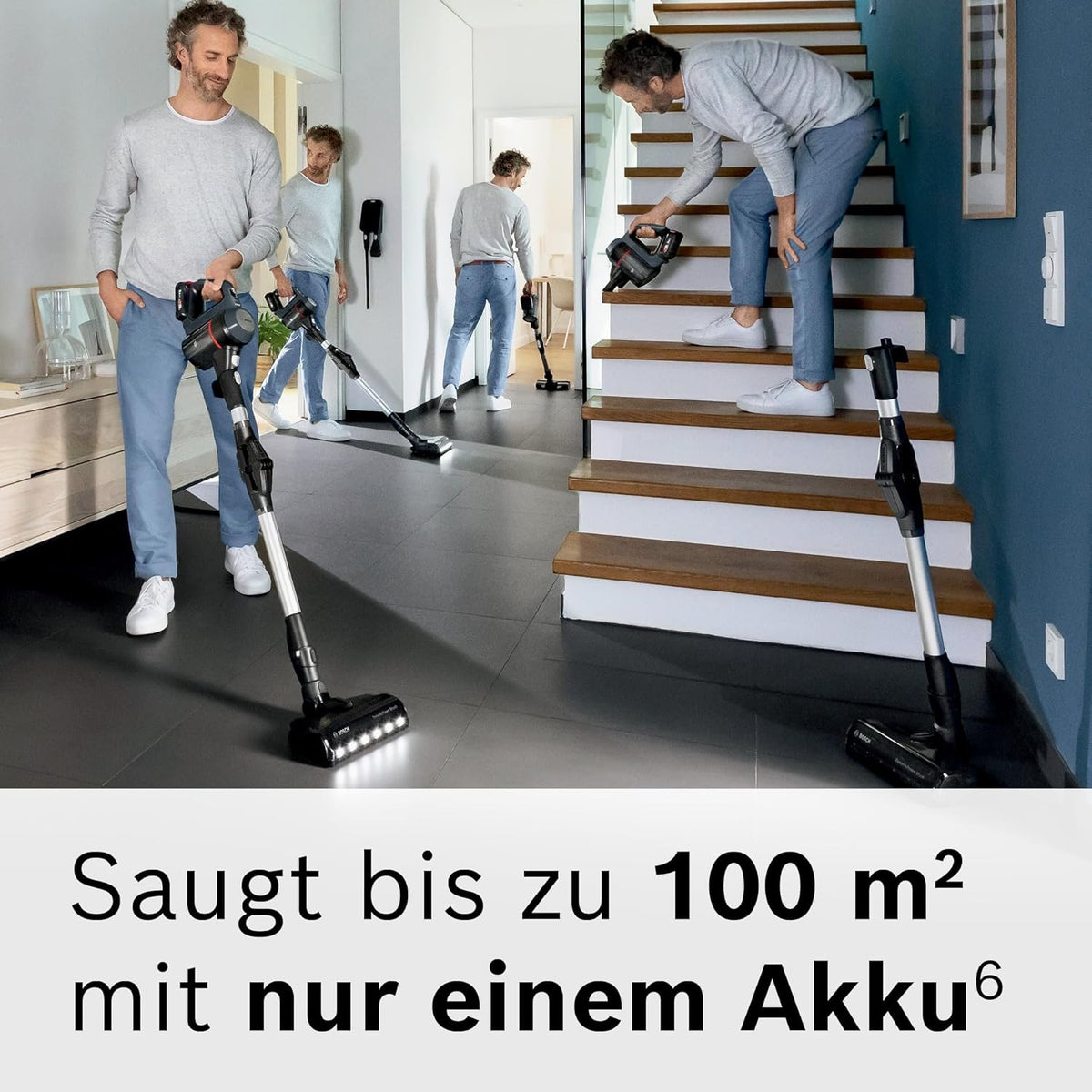 Bosch Akku-Staubsauger Unlimited 7 BCS711A, kabelloser Handstaubsauger, beutellos, Wechselakku, Knickrohr, Hygiene-Filter, 10 Jahre Motorgarantie, Fugendüse, LED-Beleuchtung, Turbostufe, grau