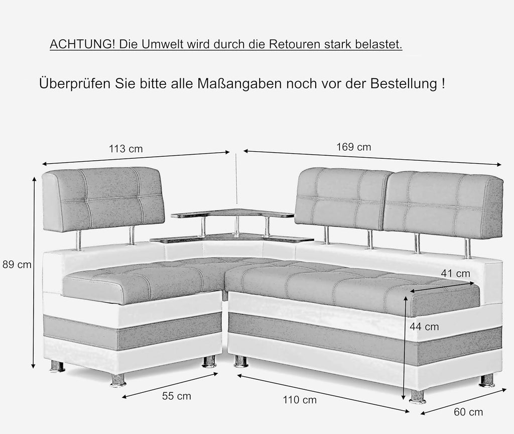 Banco esquinero Rodnik color latte, comedor, banco de asiento gris, moderno, piel sintética con repisa y espacio de almacenamiento