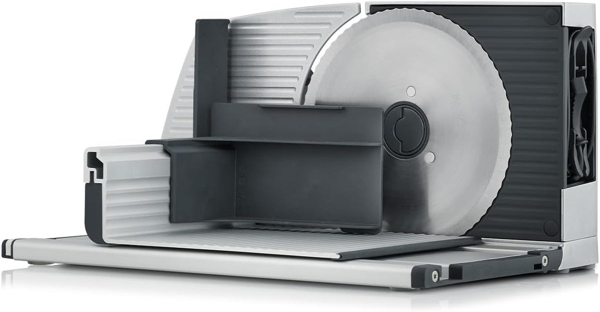GRAEF. MYtiny MT1000 - Klappbarer Allesschneider, Made in Germany, Vollmetall, Wellenschliffmesser 170 mm, Schnittstärke 0-15 mm, Energiesparmotor 170 W, Brotschneidemaschine klappbar, Kompakt, Silber