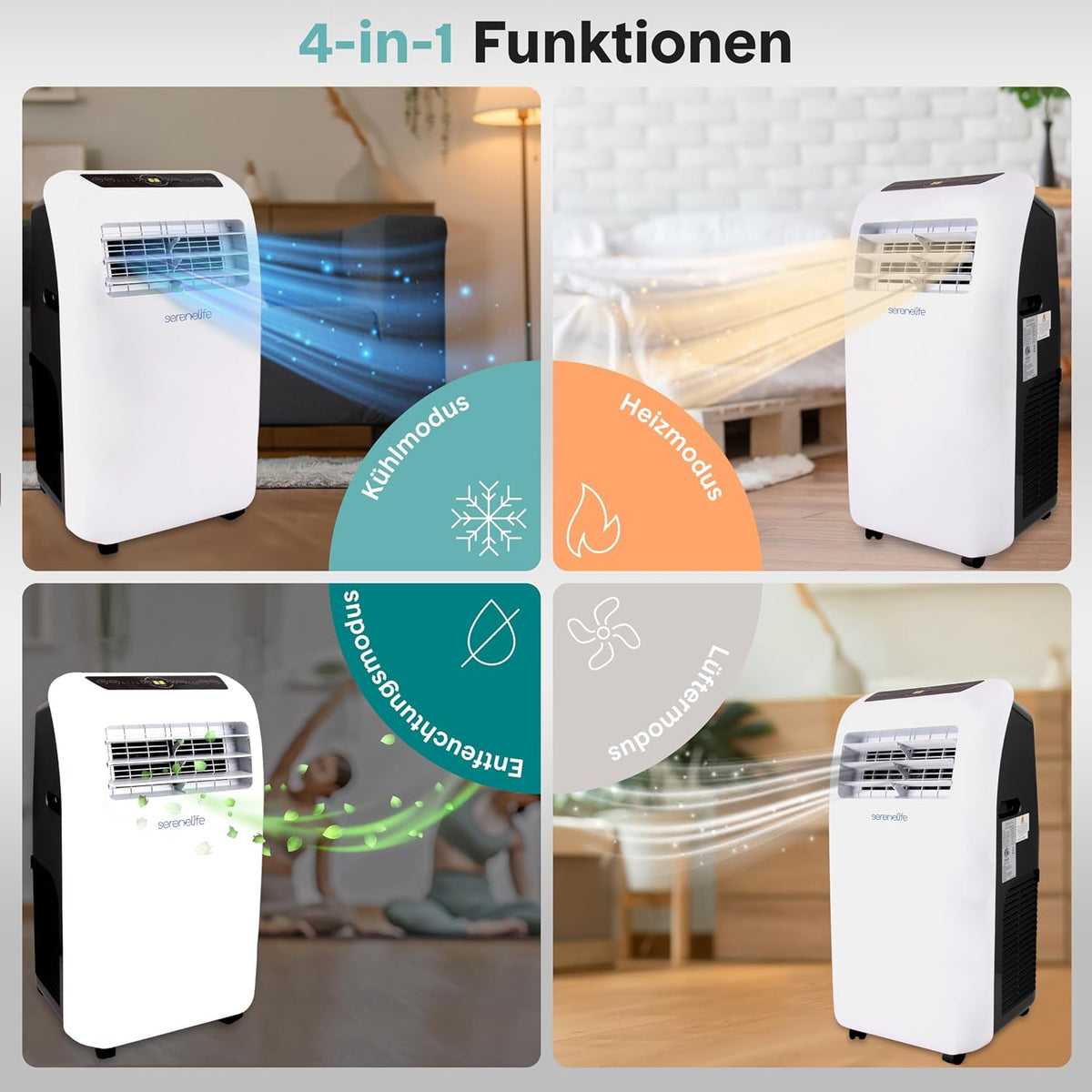 SereneLife Klimaanlage mobil 4-in-1: Luftkühler, Ventilator, Luftentfeuchter + Heizung – Tragbares Klimagerät mit Abluftschlauch, Fernbedienung & Kit für Räume bis 42 m² – Fenster-Montage 9,000 BTU