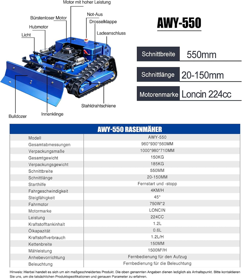 Cortacésped robótico de orugas, teledirigido, 4 × 4, híbrido, gasolina-eléctrico, corte de 21,6 pulgadas, cortacésped RC para pendientes del 100 % (45°) – área de corte de 0,75 acres (modelo con quitanieves)