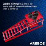 Arebos Juego de 2 rampas de acceso con gato hidráulico de 2 T | Elevador de coches XXL | Ancho de acceso de 257 mm | Plataforma elevadora con válvula de seguridad | Altura ajustable | Rojo