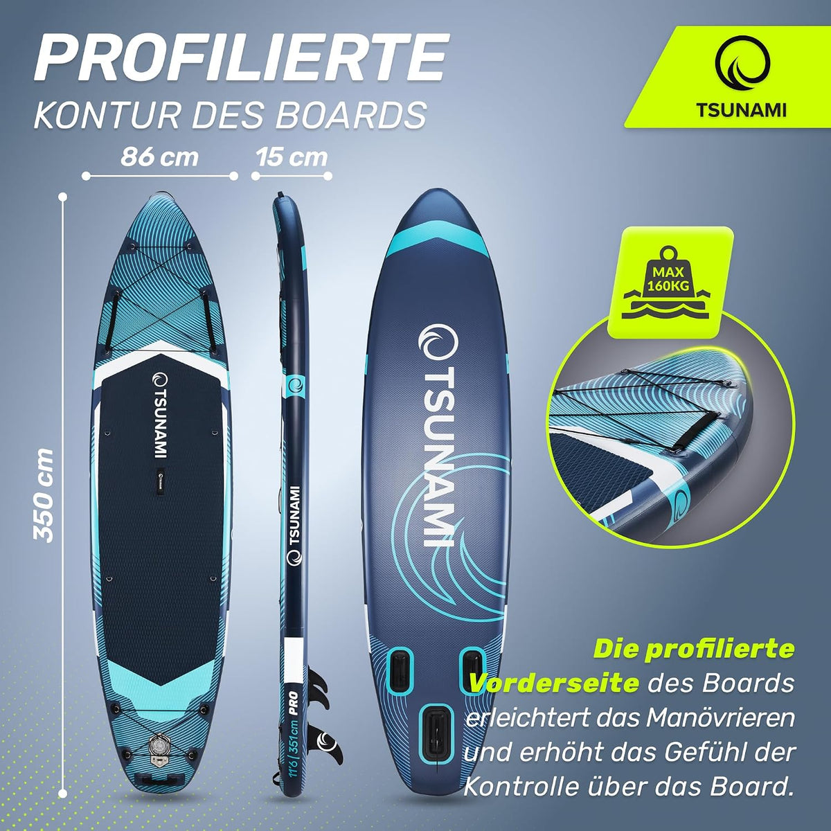 Tabla de Stand Up Paddle TSUNAMI PRO, tabla SUP con accesorios completos, bomba y correa de seguridad, capacidad de carga de hasta 160 kg, longitud 350 cm, material doble y refuerzos internos adicionales