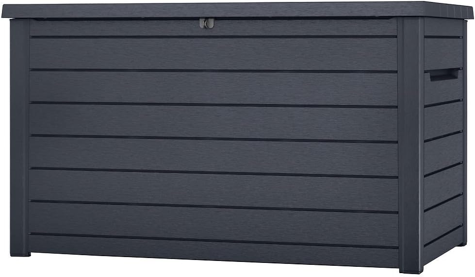 Koll Living Caja para cojines/Arcón exterior Goliath XXL 870 litros Color: Grafito | 100% impermeable | con ventilación para evitar malos olores y moho | aspecto de madera moderno | tapa resistente hasta 50 kg