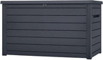 Koll Living Caja para cojines/Arcón exterior Goliath XXL 870 litros Color: Grafito | 100% impermeable | con ventilación para evitar malos olores y moho | aspecto de madera moderno | tapa resistente hasta 50 kg
