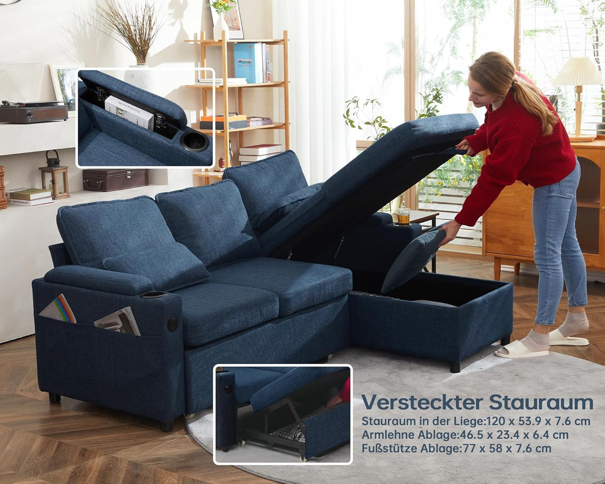 DURASPACE Schlafsofa Ausziehbar 2 in 1 Sektional Couches Schlafcouch mit Lagerung, USB, Getränkehalter, Schlaffunktion und Bettkasten Ecksofa Stauraum für Wohnung Wohnzimmer (Blau)