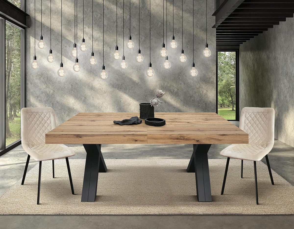 PAZZO DESIGN Mesa extensible Roberta, mesa de salón, mesa de cocina, roble rústico, patas negras en forma de X, de 180 a 480 cm, hecho en Italia - id_2005