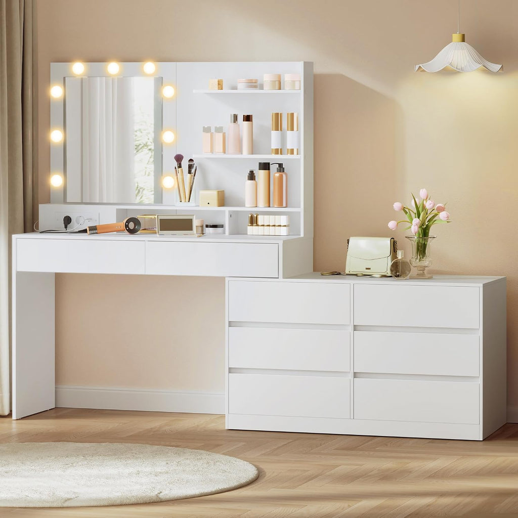 Colección VASAGLE Kailyn - Tocador con espejo e iluminación LED, mesa de maquillaje con 9 bombillas, 8 cajones, 3 estantes, 3 colores de luz, recto o en forma de L, blanco nube RDT140WB01