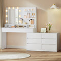 Colección VASAGLE Kailyn - Tocador con espejo e iluminación LED, mesa de maquillaje con 9 bombillas, 8 cajones, 3 estantes, 3 colores de luz, recto o en forma de L, blanco nube RDT140WB01