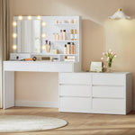 Colección VASAGLE Kailyn - Tocador con espejo e iluminación LED, mesa de maquillaje con 9 bombillas, 8 cajones, 3 estantes, 3 colores de luz, recto o en forma de L, blanco nube RDT140WB01