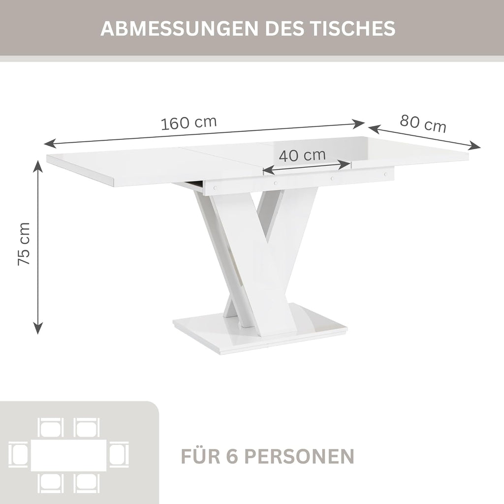 Malvi - Esstisch Ausziehbar auf 160 cm - 120x80x75 cm - Modern - Dinner Table - Esszimmertisch - Tisch für Esszimmer, Wohnzimmer - Ausziehtisch - Weiß Hochglanz