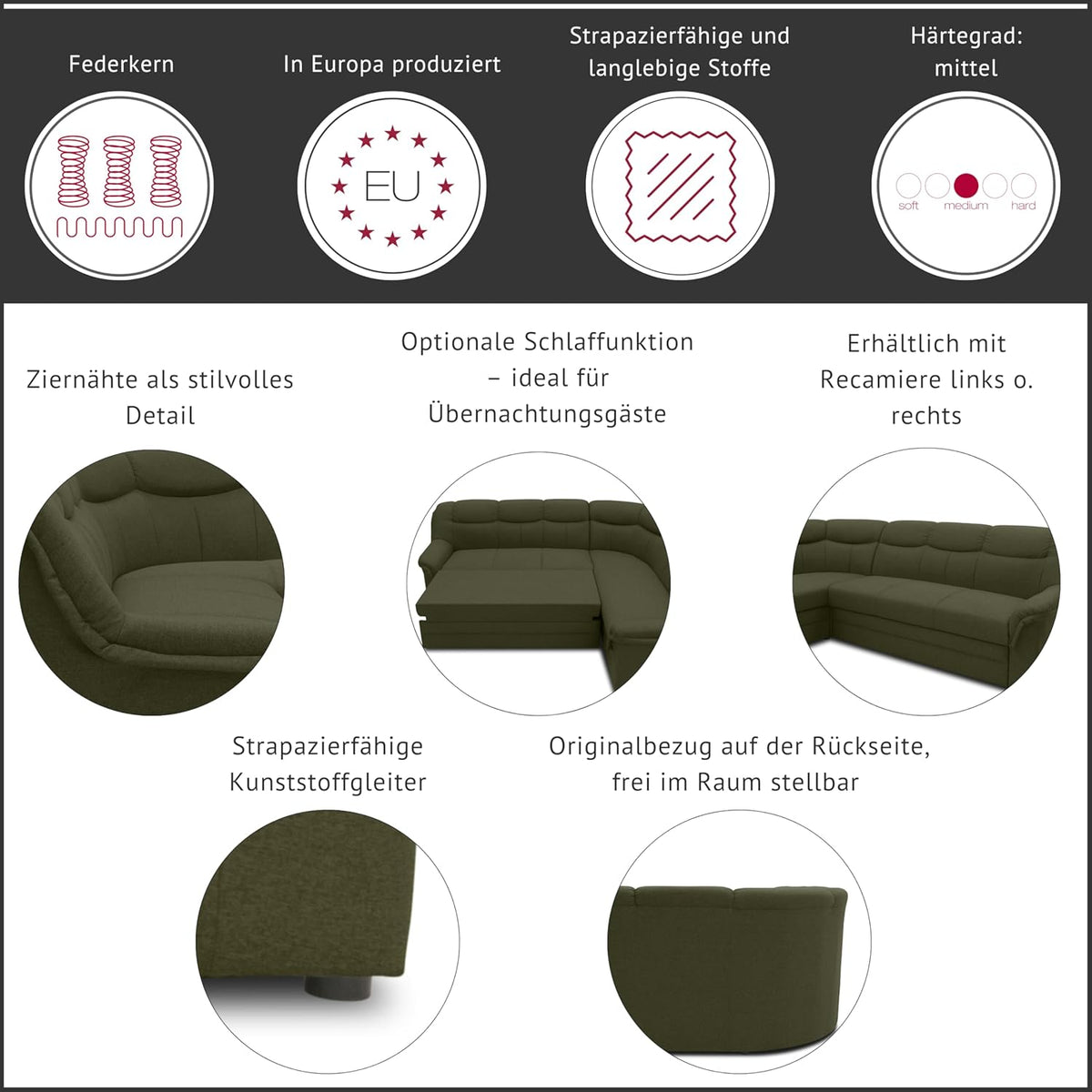 DOMO. collection Ecksofa Berlin, Zeitlose Eckcouch, 3 Sitzer Links mit Schlaffunktion und Federkern-Polsterung, Sofa in L-Form, Couch, 205 x 250 x 89 cm, Silber
